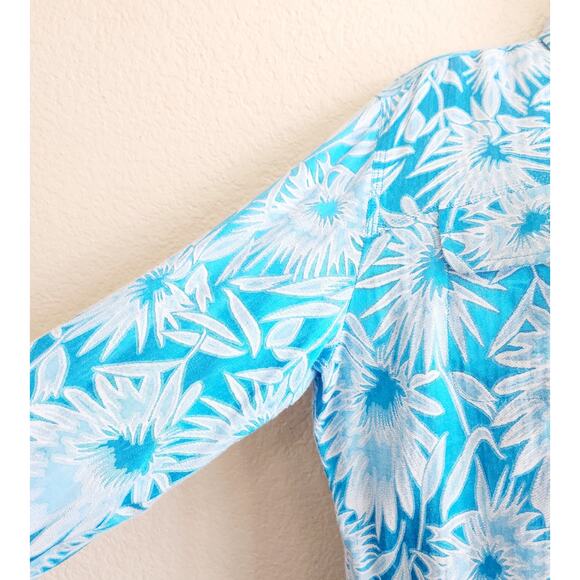 Chico's Tessa Jacket Turquoise White Floral Print Button 2 Large New With Tags - Picture 2 of 4